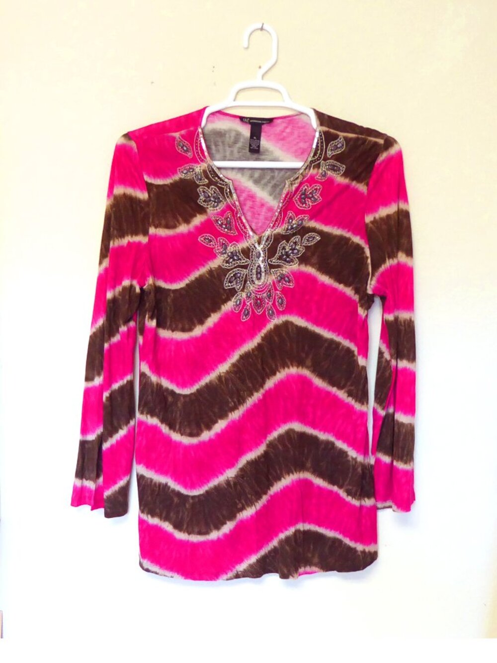 INC international concepts hot pink brown zigzag tie dye beaded sequin tunic XL